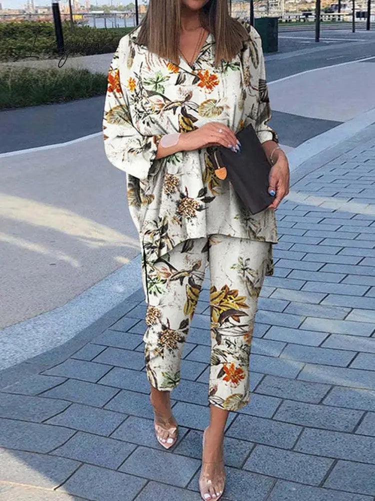 Ingvn - Summer Outfits Vintage Floral Print Casual Outfits Women Summer Long Sleeve Blouse And Pants Sets Cotton Linen Female Elegant Two Piece Suits