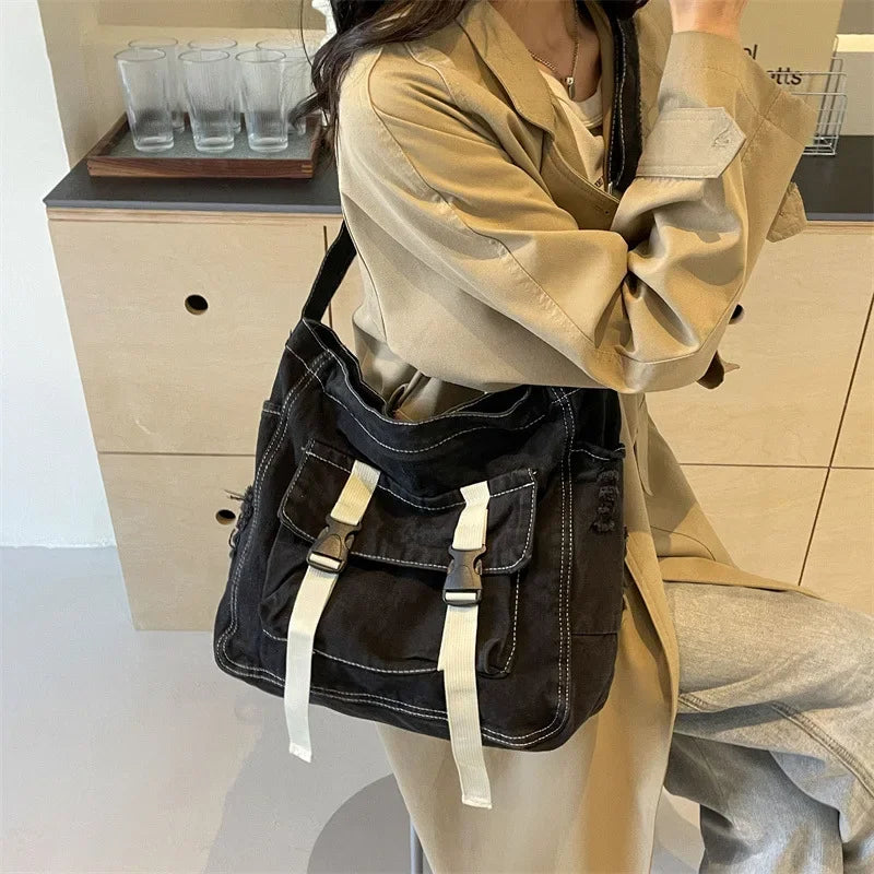 Ingvn  Large Capacity Denim Messenger Bag for Women Crossbody Bag for Students Single Shoulder Tote Bag for Class