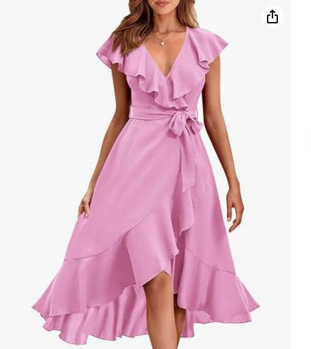 new V-neck short sleeve ruffled long temperament lace-up dress