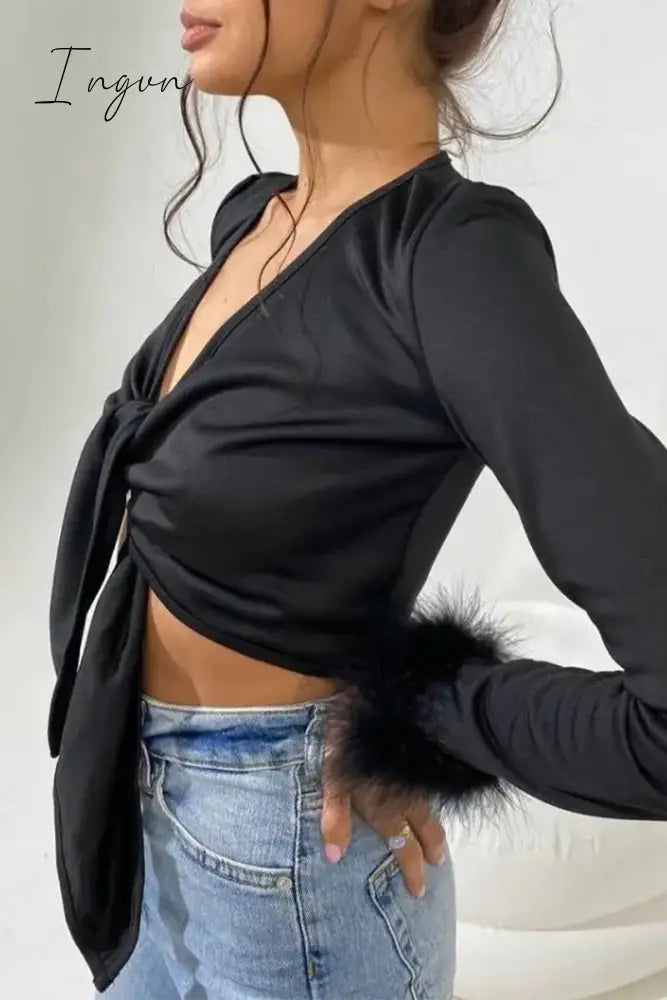 Sexy Solid Feathers Knotted V Neck Tops