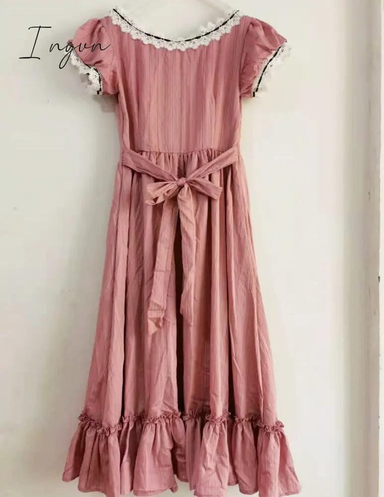 Ingvn - Women Pink Dress Summer Vintage Elegant Slim European Romance Blue Dress Retro Lace Sexy Slash Neck Casual Everyday Midi Dress