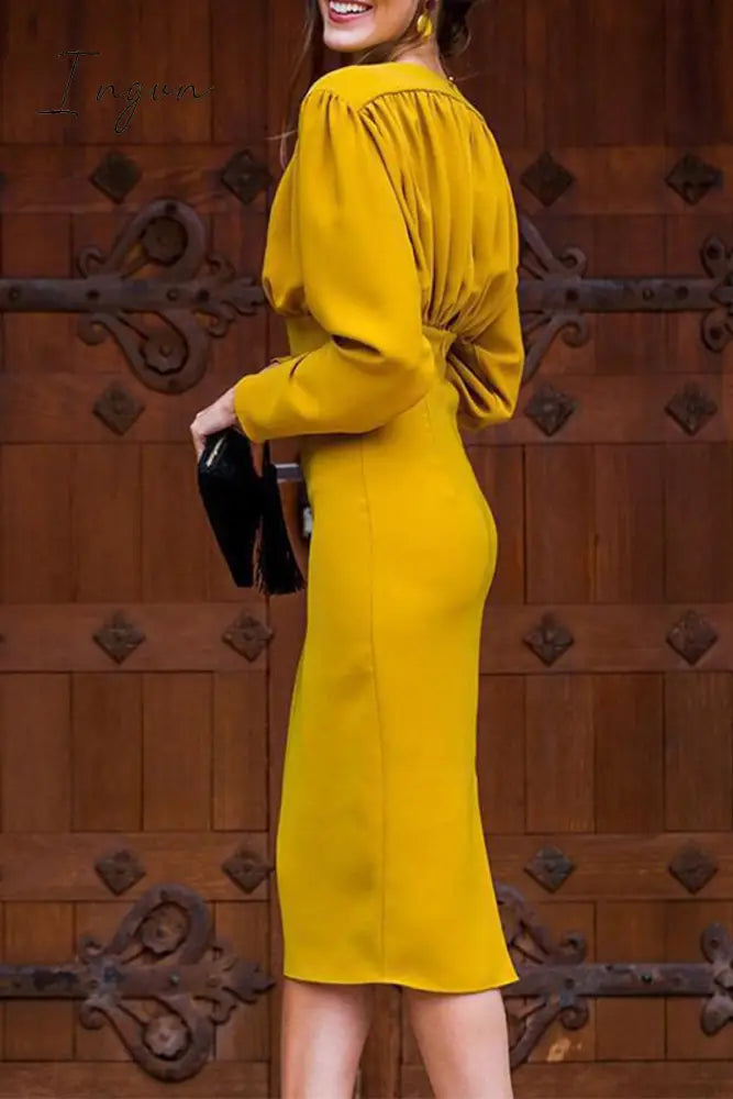 Ingvn - Elegant Solid Fold V Neck One Step Skirt Dresses