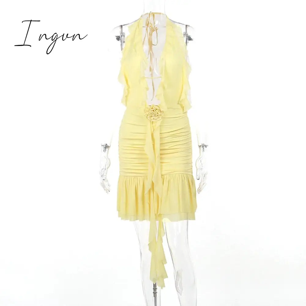 Ingvn - Elegant Halter Flower Pleated Mini Dress Women Fashion Sleeveless Backless Ruffle Irregular Bodycon Sexy Dress Vestidos