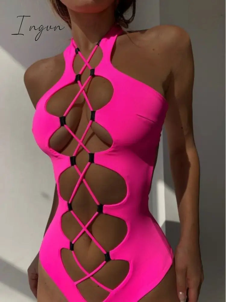 Ingvn - 2023 Sexy Solid Color Halter One Piece Swimsuit Women Push Up Hollow Out Bikini Swimwear Female Cross Bandage Bathing Suit Biquini