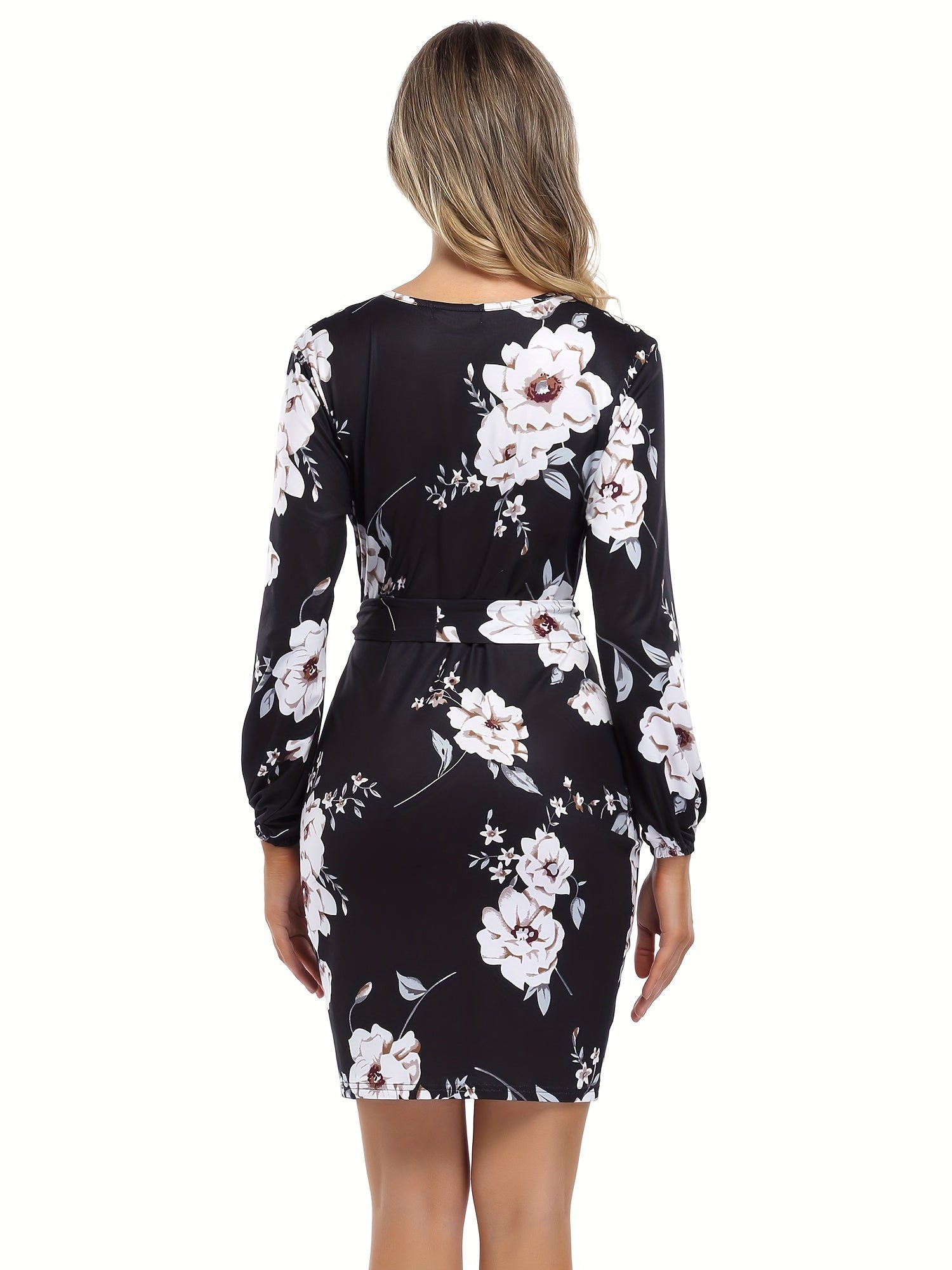 Surplice Neck Long Sleeve Casual Winter Party Wedding Guest Thanksgiving Day Bodycon Pencil Mini Dress for Women