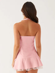 Halter Backless Sexy Mini Dress Women Robe Summer New Lace Patchwork Sleeveless V Neck High Waist Ruffled Dress