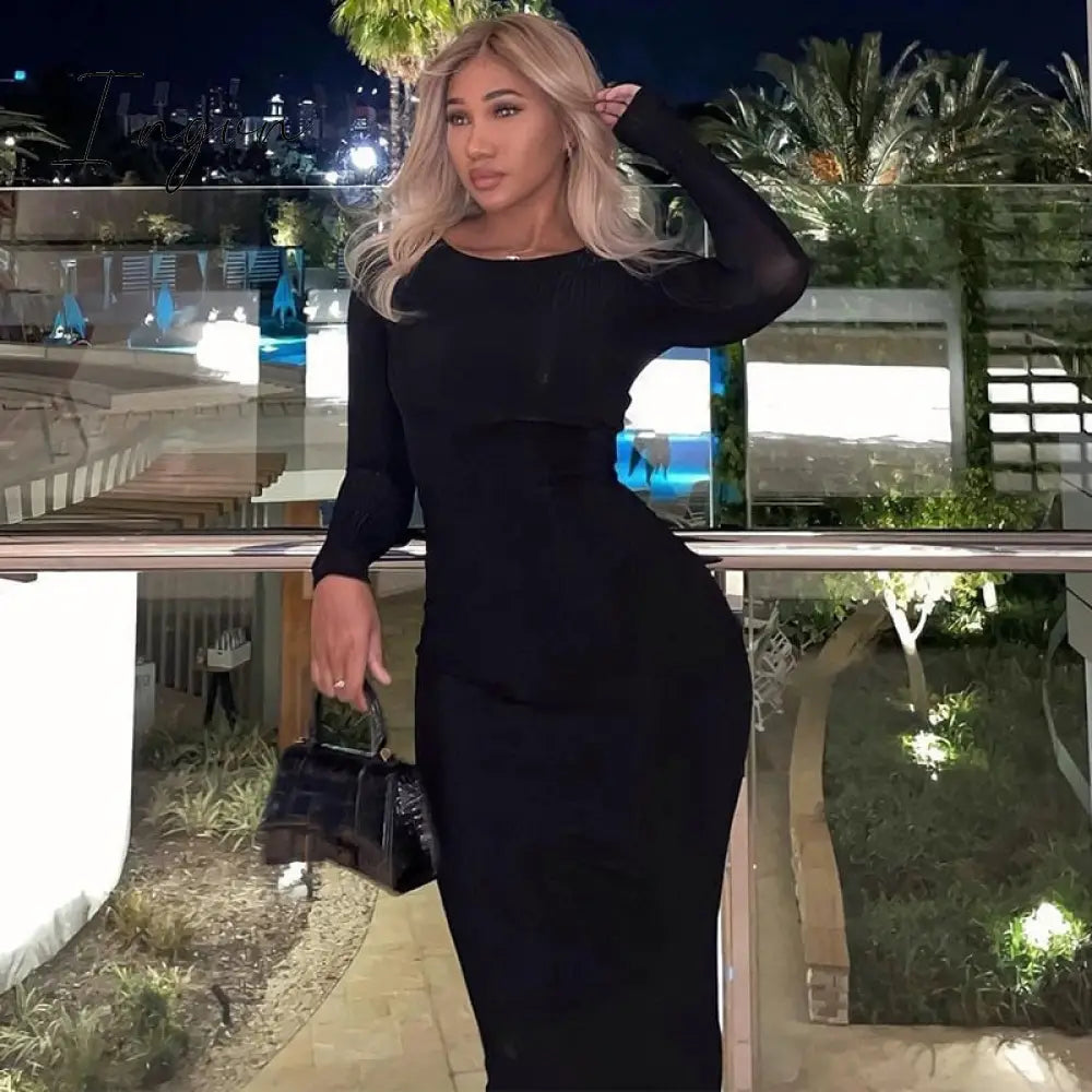 Ingvn - Autumn Y2K Clothes Long Sleeve O-Neck Bodycon Maxi Dresses For Women 2023 Club Party Streetwear Elegant Solid Outfits
