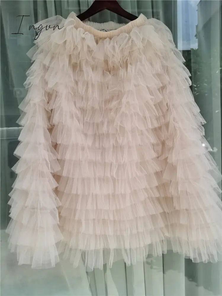 Ingvn - jupe femme Spring Party Skirt Elastic High Waist Long Tulle Skirt Women Multilayer ruffles Pink Mesh Tutu Skirt Ladies