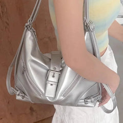 Ingvn  Y2k Vintage Shoulder Bag for Women Fashion Large Capacity Aesthetic Backpacks Casual Silver Commuter Female Motorcycle Bag