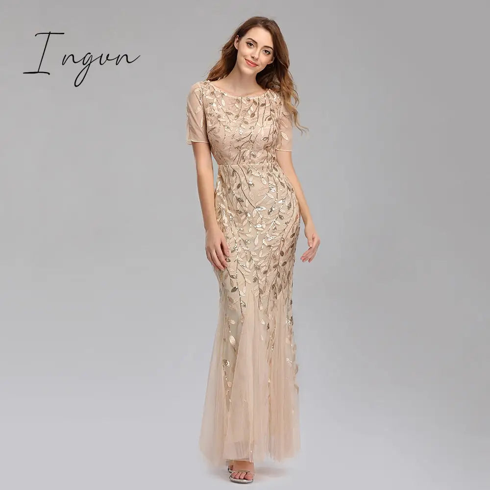 Ingvn - Plus Size Evening Dresses Mermaid O Neck Short Sleeve Lace Appliques Tulle Long Party Gown Robe Soiree Sexy Formal Dress vestido