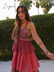 Ingvn - Women Floral Print Ruffles Layer Patchwork Pleated Sling Dress Female Off Shoulder Sleeveless V-Neck Summer Beach Vestido