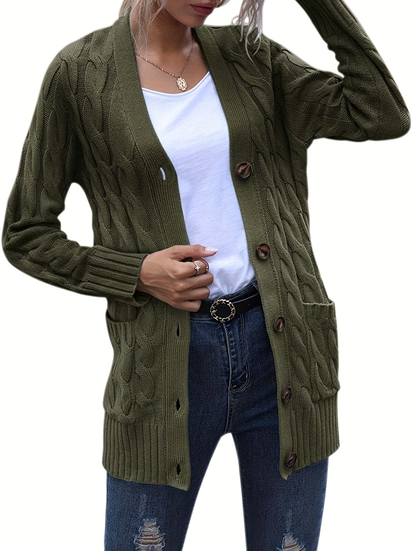 Cable Knit Button Front Cardigan, Casual Solid Long Sleeve Cardigan For Fall & Winter, Women's Clothing