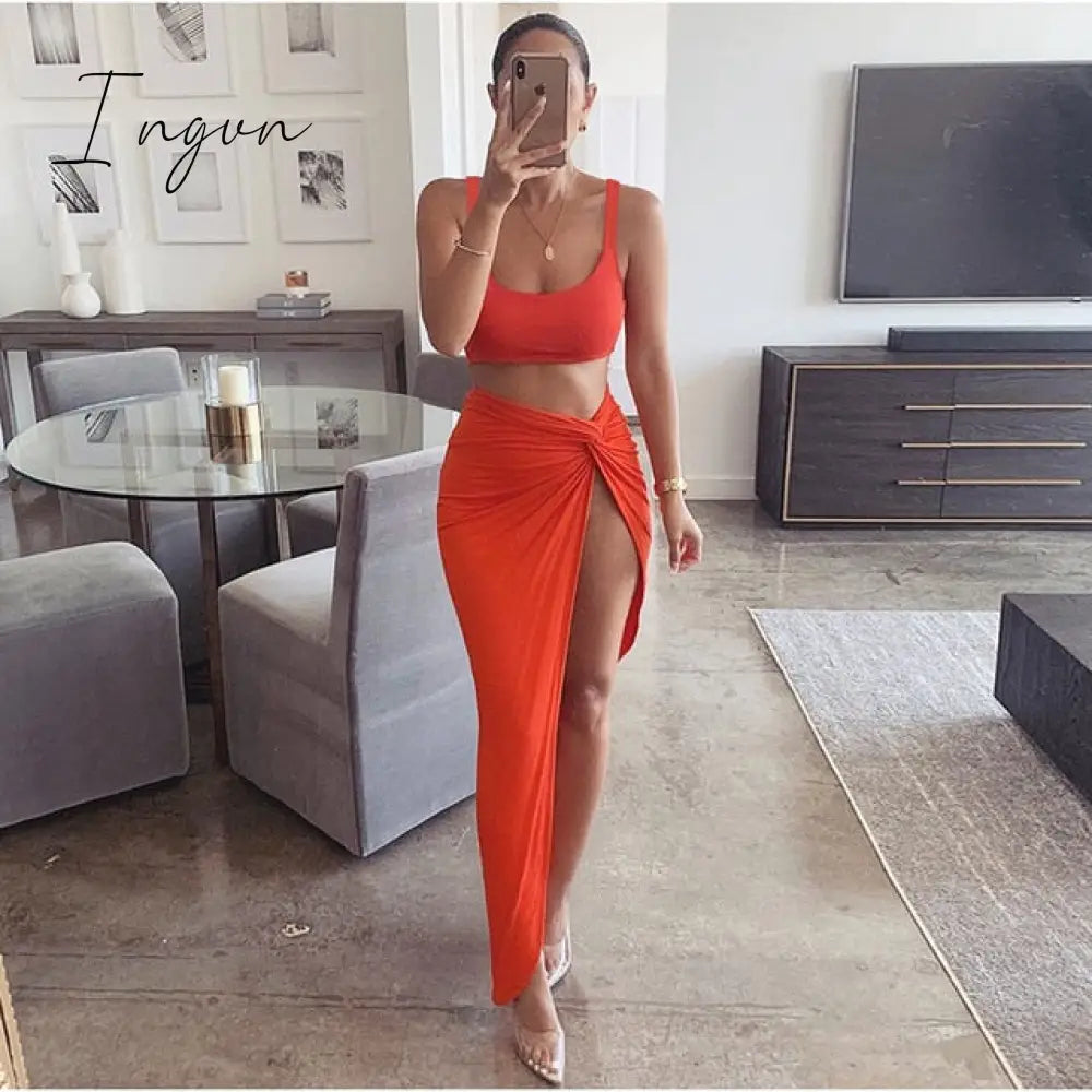 Ingvn - Sexy Party 2 Piece Set Women Plus Size Crop Top Twist Side Split Long Skirts Matching Sets Club Two Piece Outfits