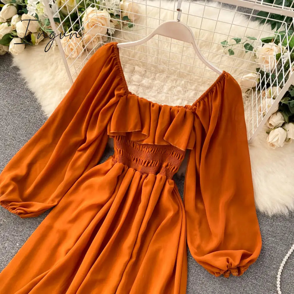 Ingvn - Woherb Chic Elegant Square Collar Maxi Dress Women Solid Chiffon Puff Sleeve Dresses Korean Fashion Vintage Ruffle Vestidos