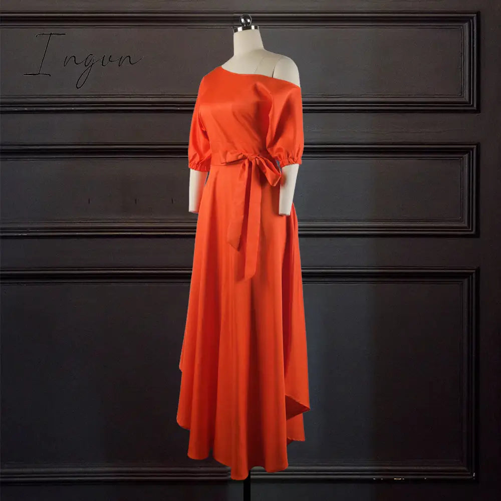 Ingvn - Women Dress Bare Shoulder Waist Belt Long A Line Pleated Orange Casual Fashion Female Ladies Elegant New Autumn Summer Robes