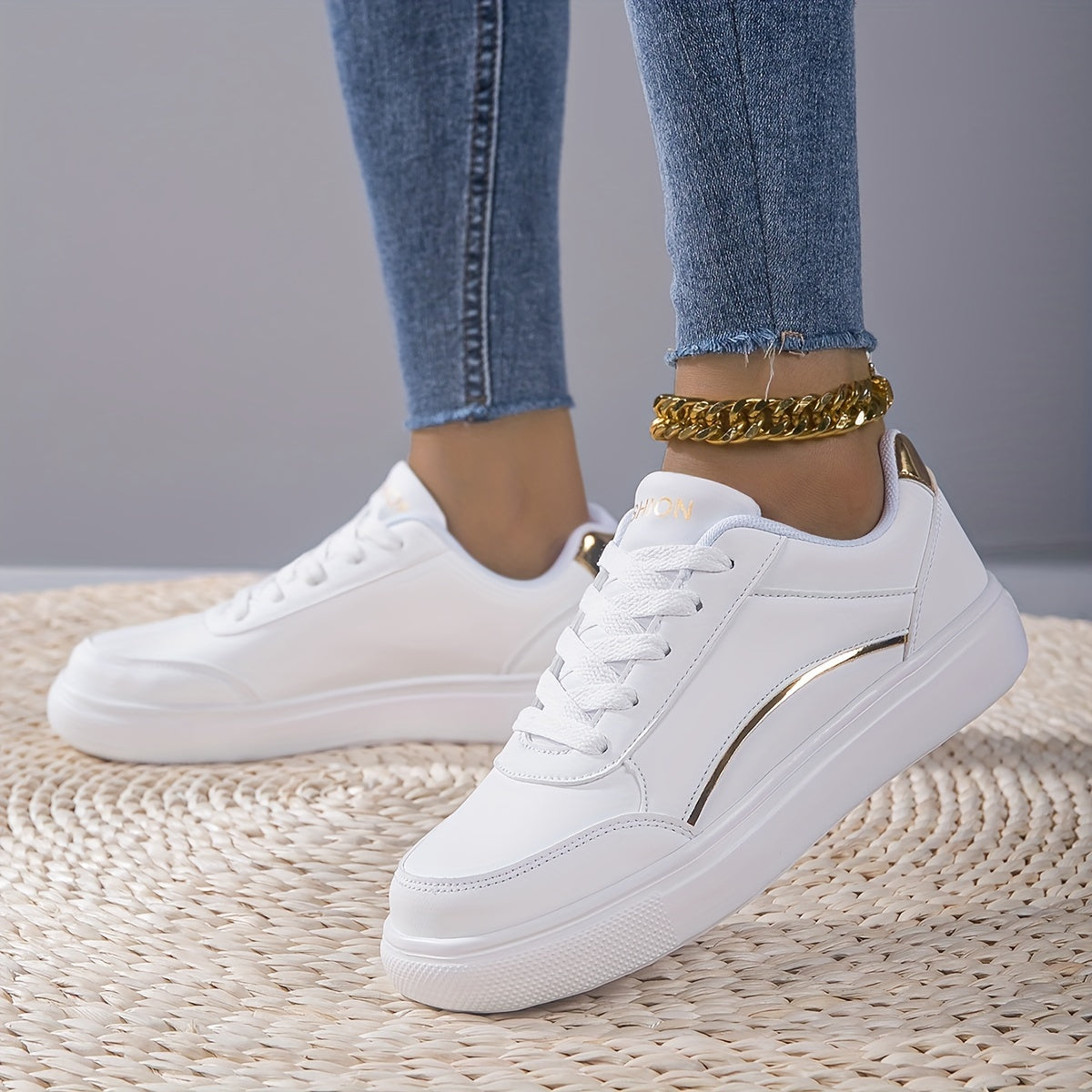 Plus Size Women's White Comfort Low-top Lightweight Flat Soft Sole Lace Up Casual Solid Color Sneakers