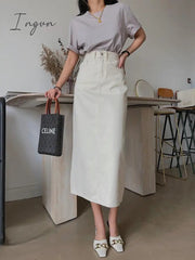 Ingvn - Fashion Trends Straight Bodycon Long Jeans Skirt Women Solid White Vintage Split High Waist Denim Skirt Midi Elegant Summer