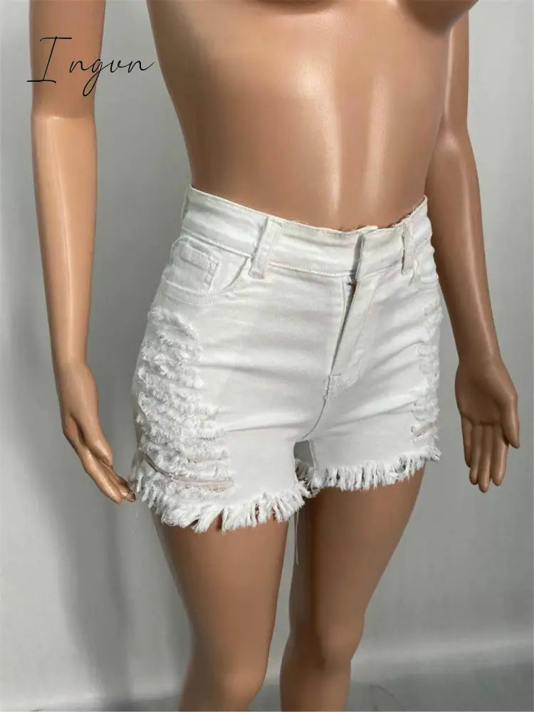 Ingvn - New Summer Ripped Hole Hollow Out Jeans For Women High Waist Sexy Tassels Cut Open Button Slim Denim Shorts Pants