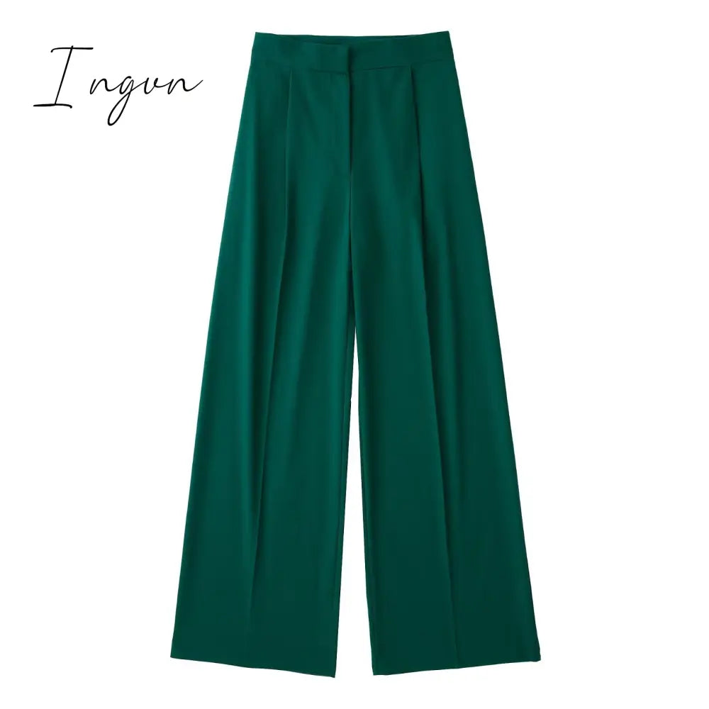 Ingvn - Women Fashion Solid High Waist Wide Leg Pants Suit Female Casual Front Zipper With Pockets Ladies Loose Long Trousers