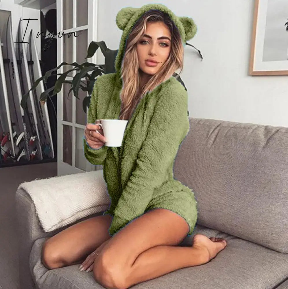 Ingvn - Autumn Keep Warm Velvet Women Rompers Long Sleeve Bodysuit Cute Bear Ears Hoodie Casual Winter Long Sleeve Siamese Shorts