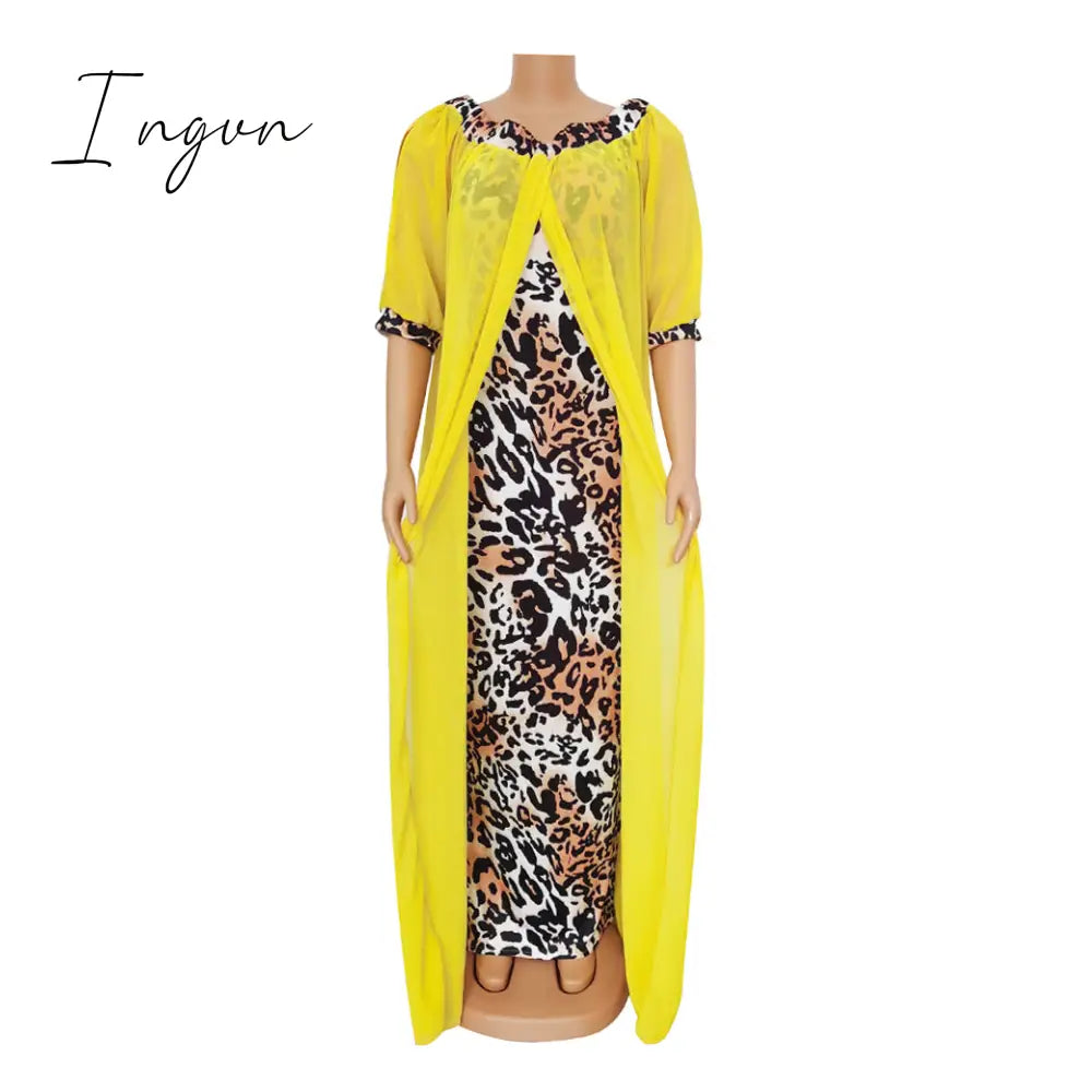 Ingvn - Leopard Loose Bodycon Fashion outdoor WomenMaxi  Dress Leisure Patchwork Strapless Sexy Ethnic Style African vestidos