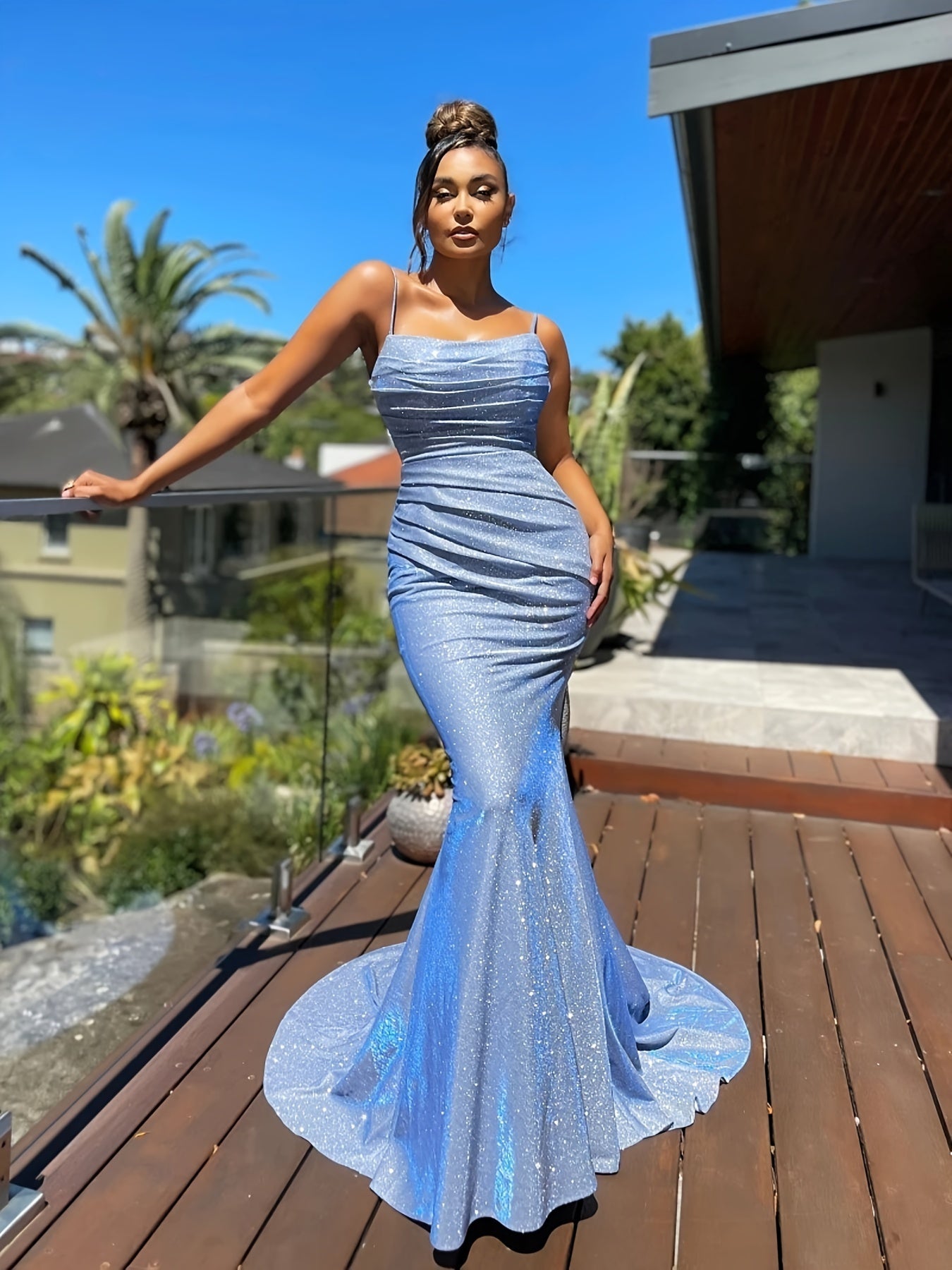 Glitter Sequin Slip Sleeveless Backless Maxi Dress, Slim Elegant Ruffled Cocktail Party Guest Evening Gown Mermaid Dress, Women's Clothing