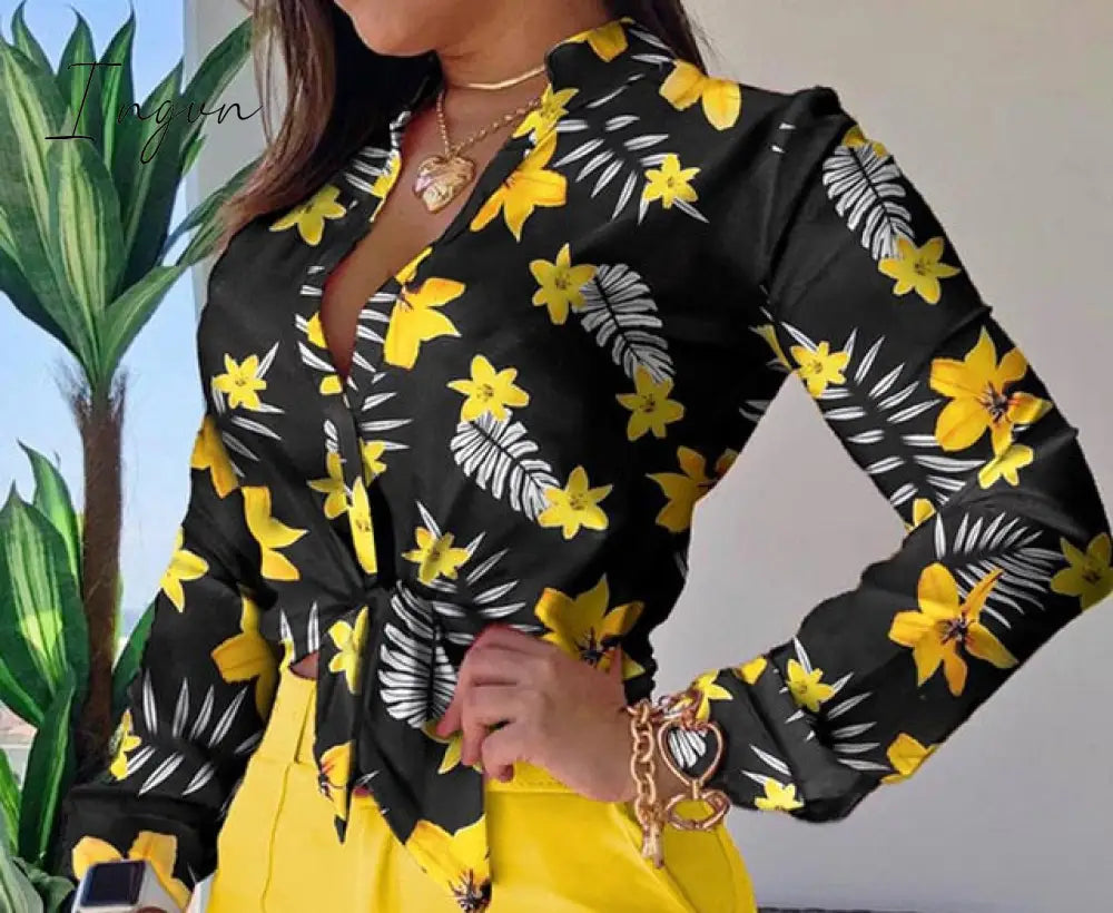 Ingvn - Women Long Sleeve Floral Printed Tie Knot Top Blouse Casual Spring Shirts Female