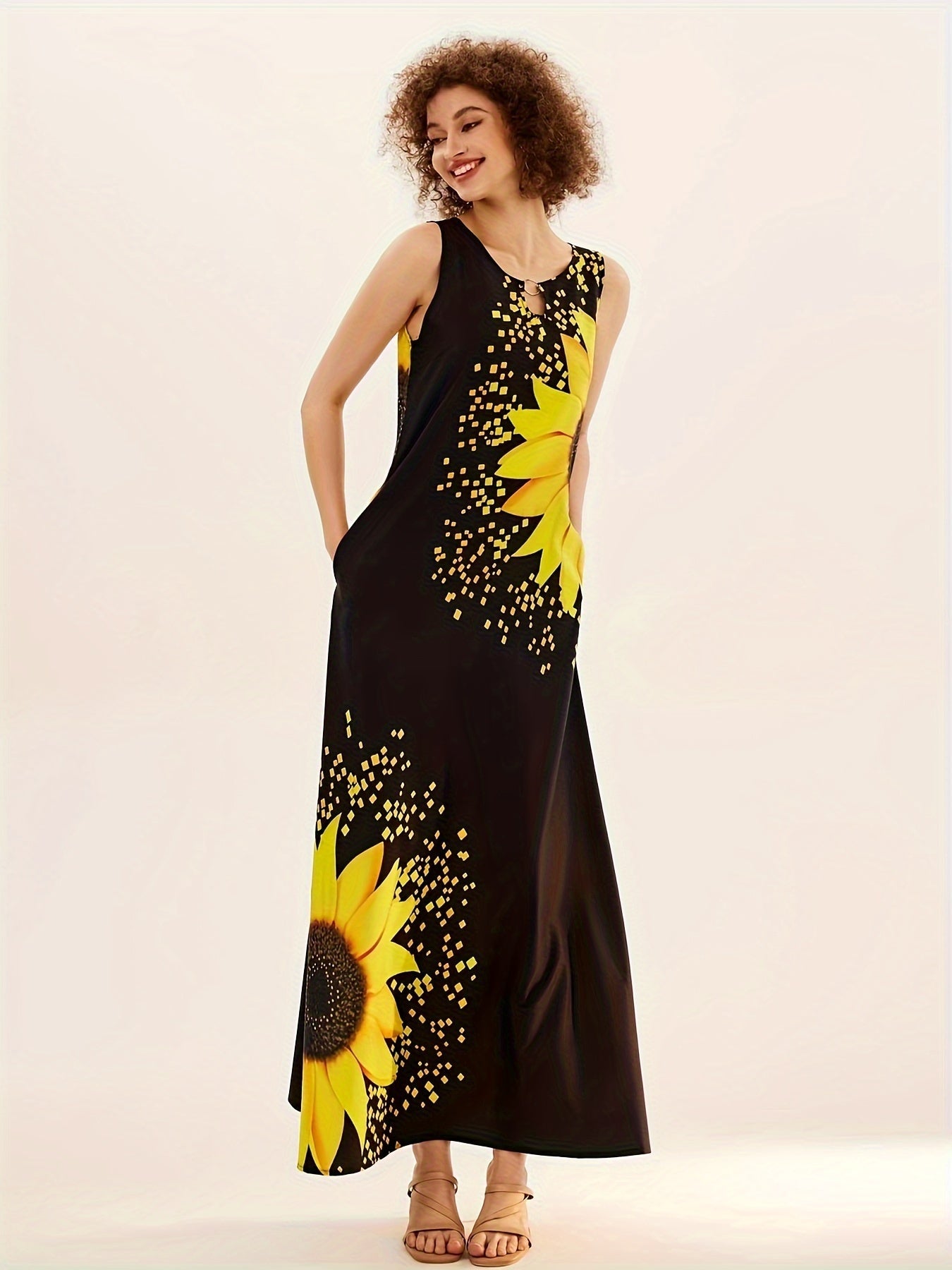 Sunflower Bloom Keyhole Maxi Dress - Casual Crew Neck, Sleeveless with Pockets - Feminine & Flattering Womens Summer Wear