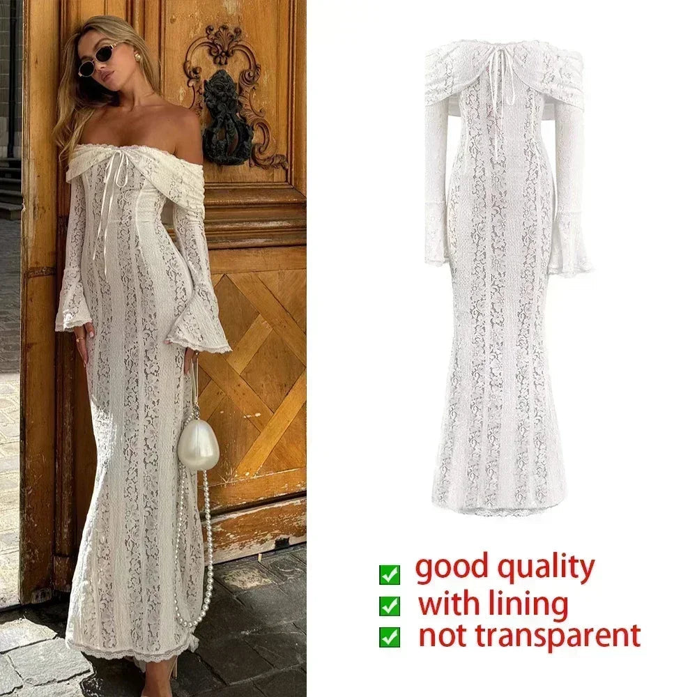 White Off The Shoulder Bodycon Dress New in Flare Sleeve Elegant Lace Maxi Dress Wedding Guest Dress for Women
