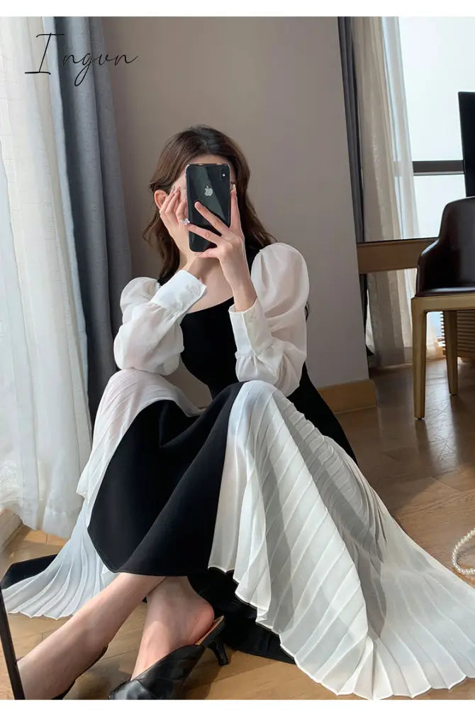 Ingvn - Office Lady Black Elegant Dress Women French Vintage Midi Dress Casual Party One Piece Dress Korean Fashion Autumn Chic