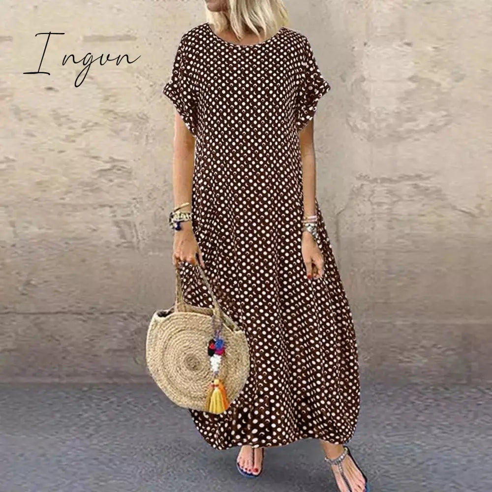 Ingvn - Women Crew Neck Short Sleeve Long Dresses