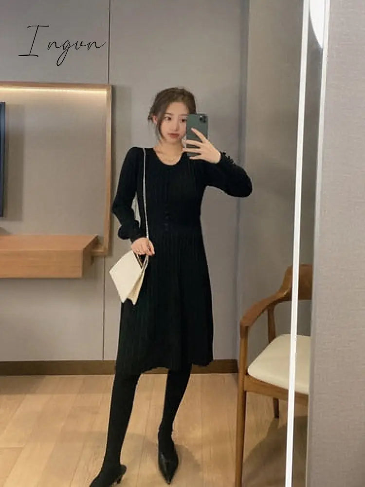 Ingvn - Knitted Dress Women Casual Long Sleeve Vintage Elegant Office Sweater Dress Female Spring One-piece Dress Korean Outerwear