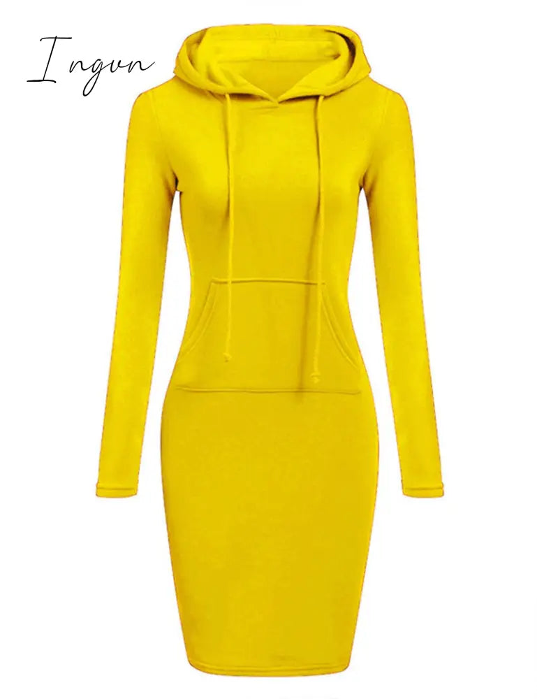 Ingvn - Autumn And Winter Hoodie Dress Elegant Long Sleeve Pocket Combining Casual Women's Midi Dresses