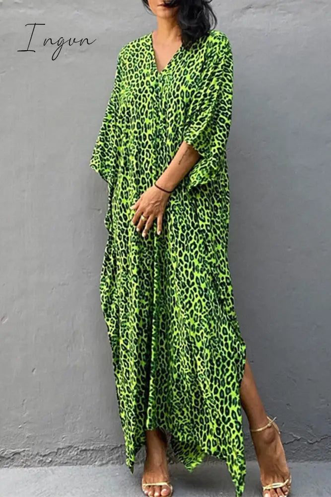 Ingvn - Vintage Vacation Print Leopard Slit Swimwears Cover Up