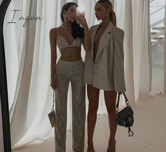 Ingvn - Sexy Glitter Sleeveless Crop Top Two Piece Pants Set Women Summer High Waist Pants Set Bodycon Straight Trouser Suits
