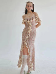 High Slits Colorful Maxi Dress Women Bandage Patchwork Lace Folds Irregular Low-Neck Sweet Skinny Temperament Vestidos