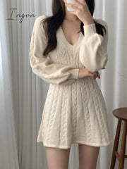 Ingvn - Long Sleeve Elegant Pink Mini Knit Dress Women Autumn Winter Solid Color A-line Puff Sleeve Sweet Short Sweater Dresses