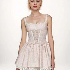 Elegant Women Floral Print Princess Sling Mini Dress Front Bandage Lace Patchwork A-line Summer Dress Holiday Party Robe