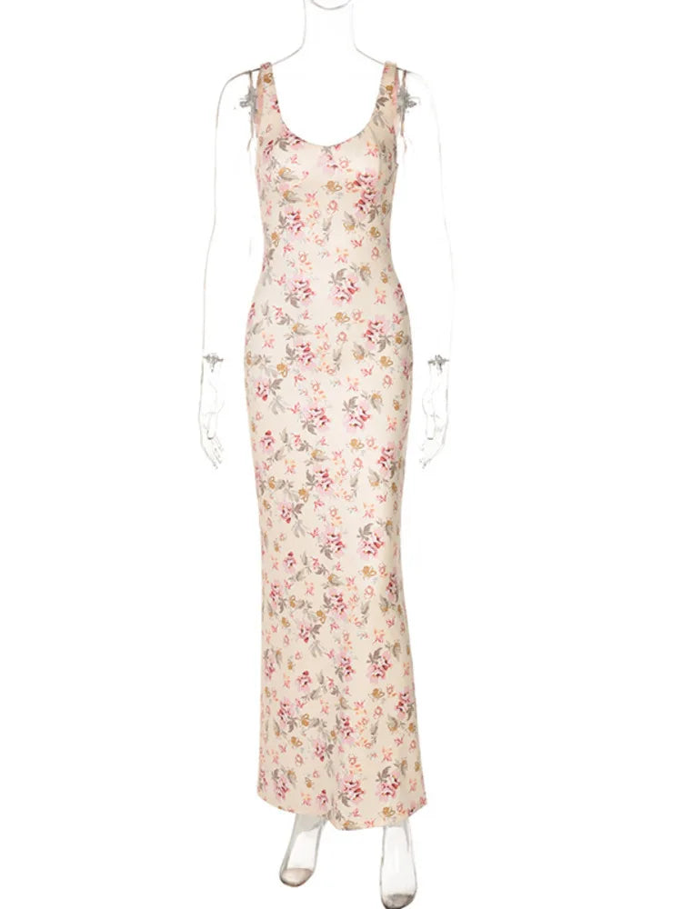 Backless Print Sexy Maxi Dress For Women Fashion Sleeveless High Waist Bodycon Club Party Sexy Slit Dress Elegant
