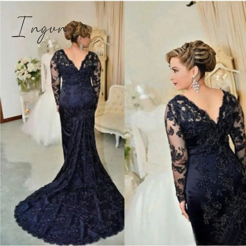 Ingvn - On Sale Charming Dark Navy Lace Mermaid Long Sleeve Mother of the Bride Dresses V Neck Wedding Party Gowns Back Out