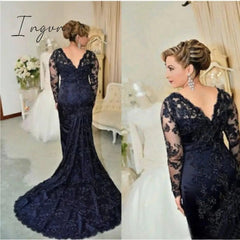 Ingvn - On Sale Charming Dark Navy Lace Mermaid Long Sleeve Mother of the Bride Dresses V Neck Wedding Party Gowns Back Out