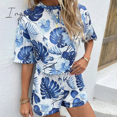 Ingvn - Floral Print Round Neck Dropped Shoulder Top and Shorts Set