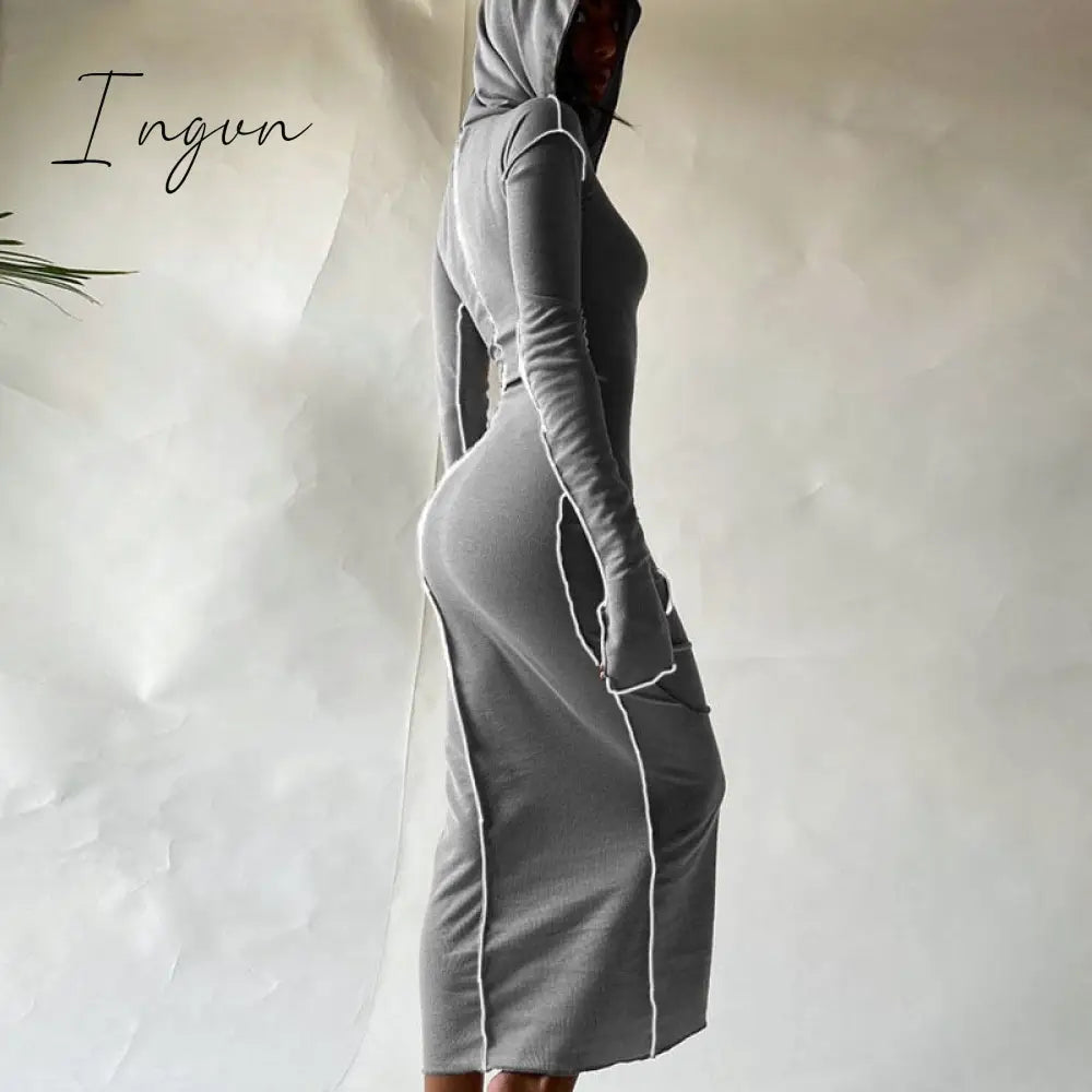 Ingvn - Long Sleeve Hooded Patchwork Skinny Maxi Dress Autumn Winter Women Fashion Streetwear Casual Outfits