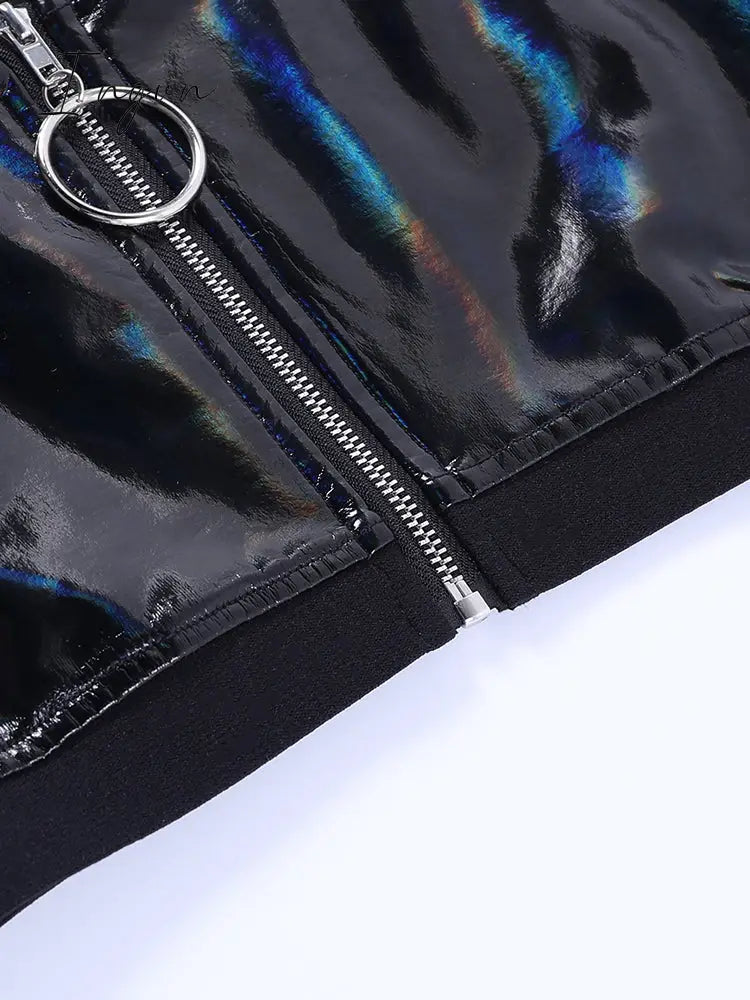 Ingvn - Gothic Summer PU Black Camis Women Punk Grunge Sleeveless Sexy Halter Crop Top Streetwear Aesthetic Hollow Out Camisole