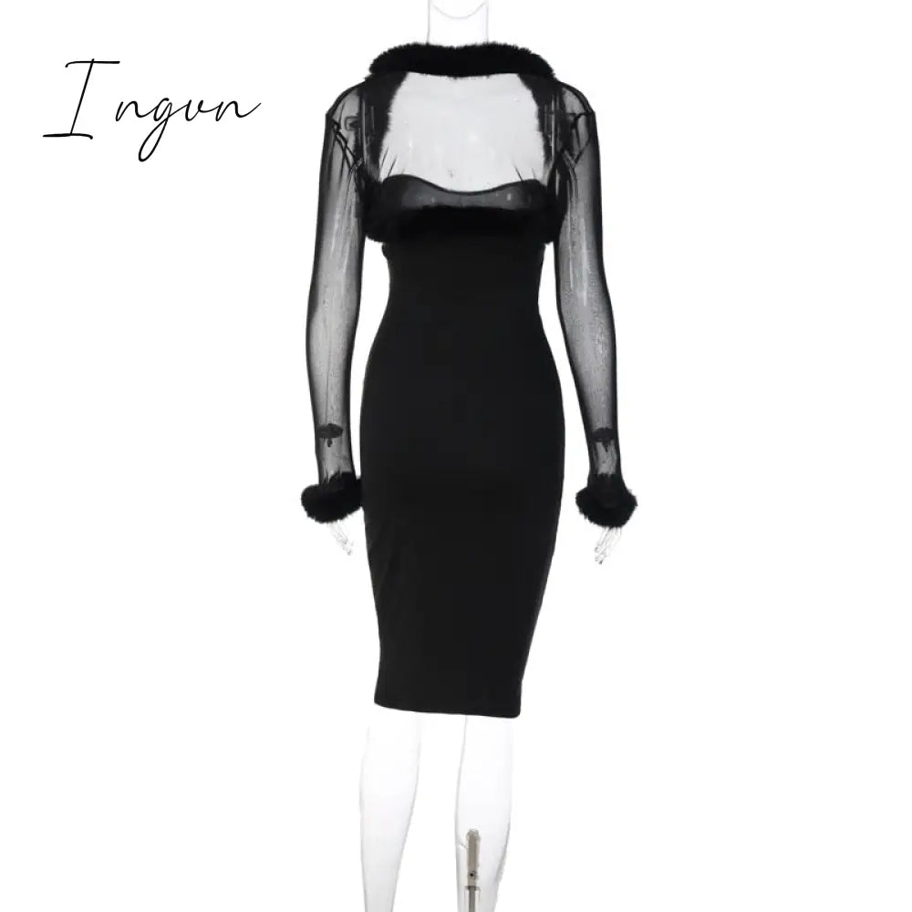 Ingvn - Black Villus Sexy Dress Women 2023 New Long Sleeve Bodycon Midi Autumn Winter Dress Elegant Club Party Dresses Vestido
