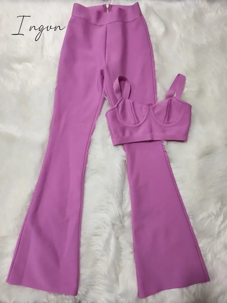 Ingvn - Summer New Women's Fashion Sexy Bandage 2 Two-piece Set Sleeveless Tight Short Top &  High Waist Flared Trousers Pants Set