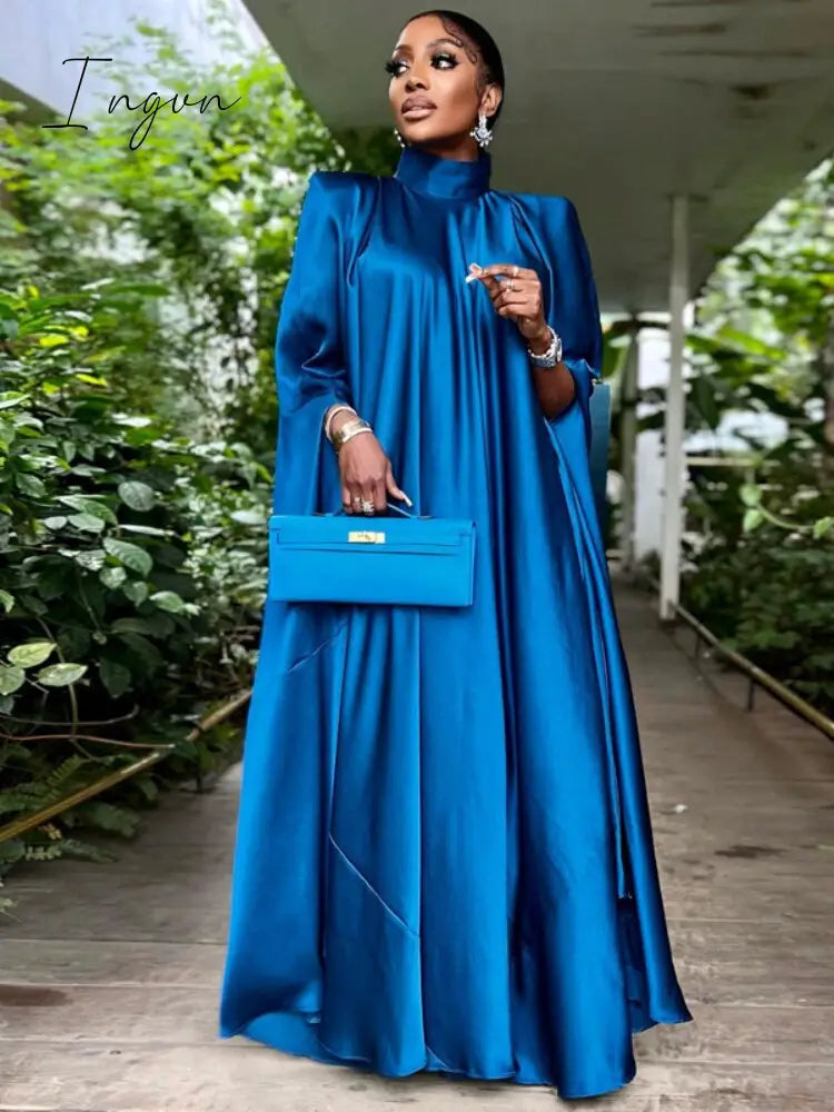 Ingvn - Women Oversized Dresses Mock Neck Batwing Sleeve Loose Large Sparkly Robes Vintage Blue Party Event Occasion Christmas Gowns