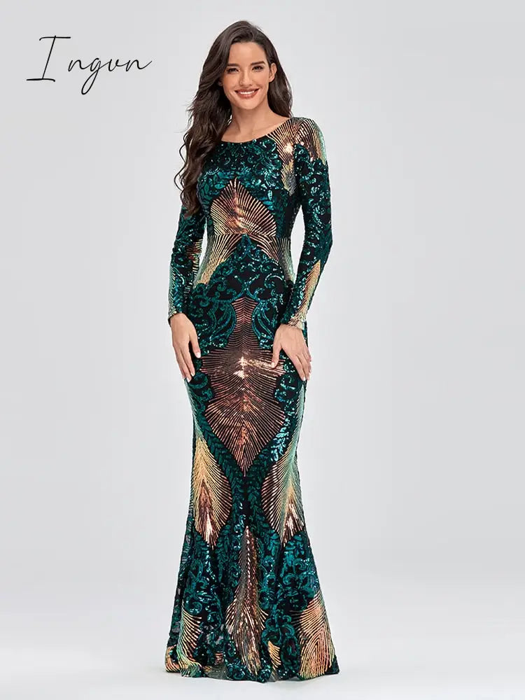 Ingvn - Hot Sale O-neck Long-Sleeve Shinning Sequins Evening Dresses Sexy Backless Mermaid Party Gowns Maxi Elegant Multi Female Robes vestidos