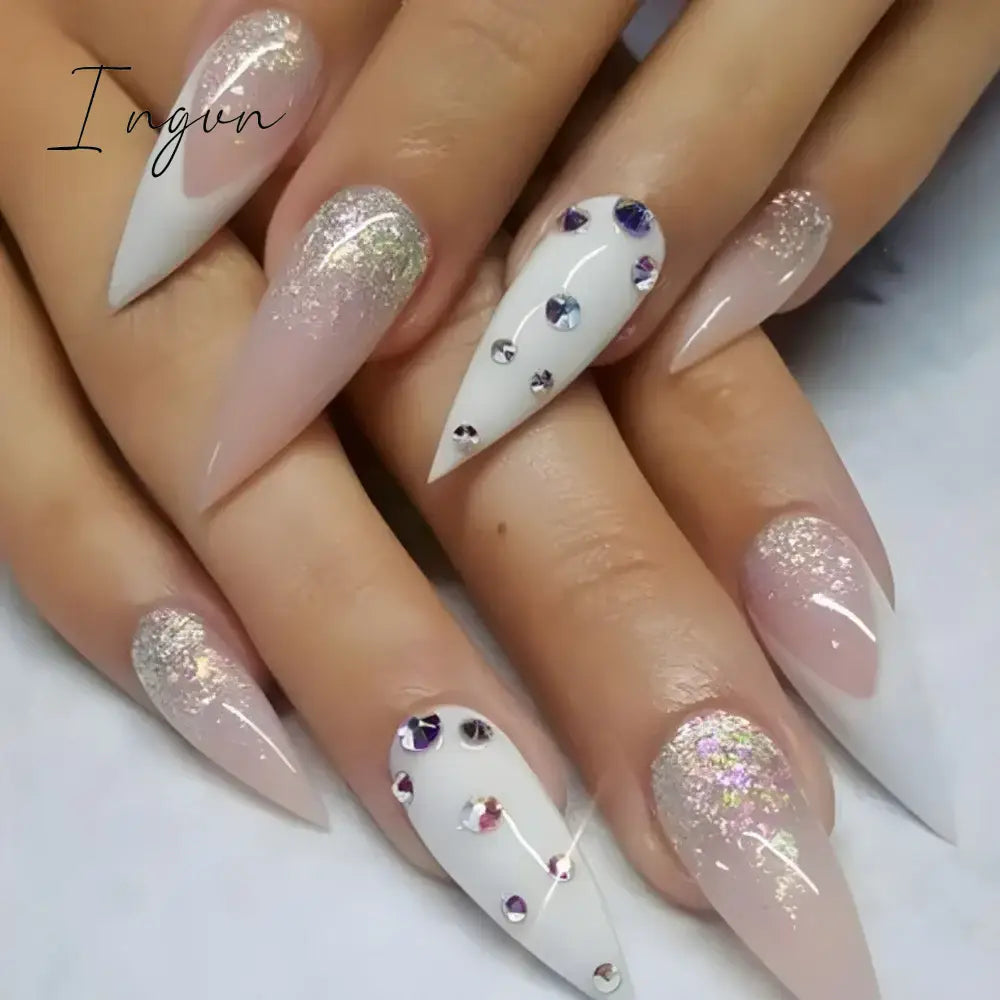 24Pcs 3D Long Almond False Nails Red Nude Ballet Stiletto Wearable Fake Nails MilkTea Color Jelly Full Cover Press On Nail Tips