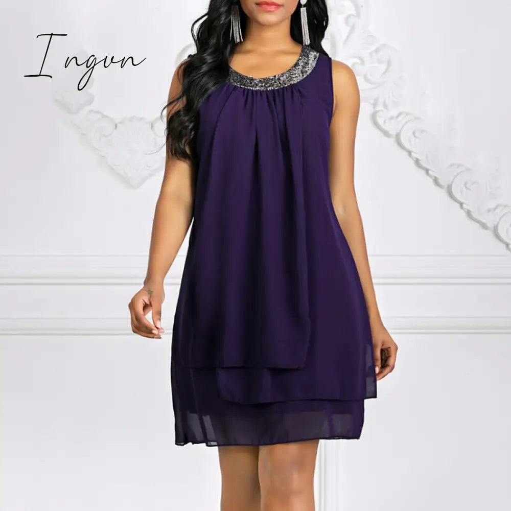 Ingvn - Women's Shift Dress Knee Length Dress Sleeveless Solid Color Layered Spring & Summer Plus Size Hot Black Purple Navy Blue